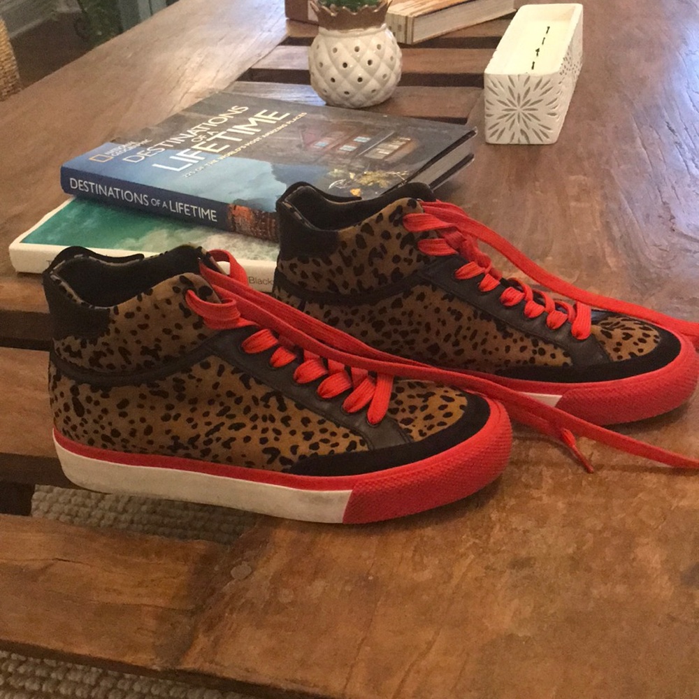 Rag & Bone red, black and animal print high top.